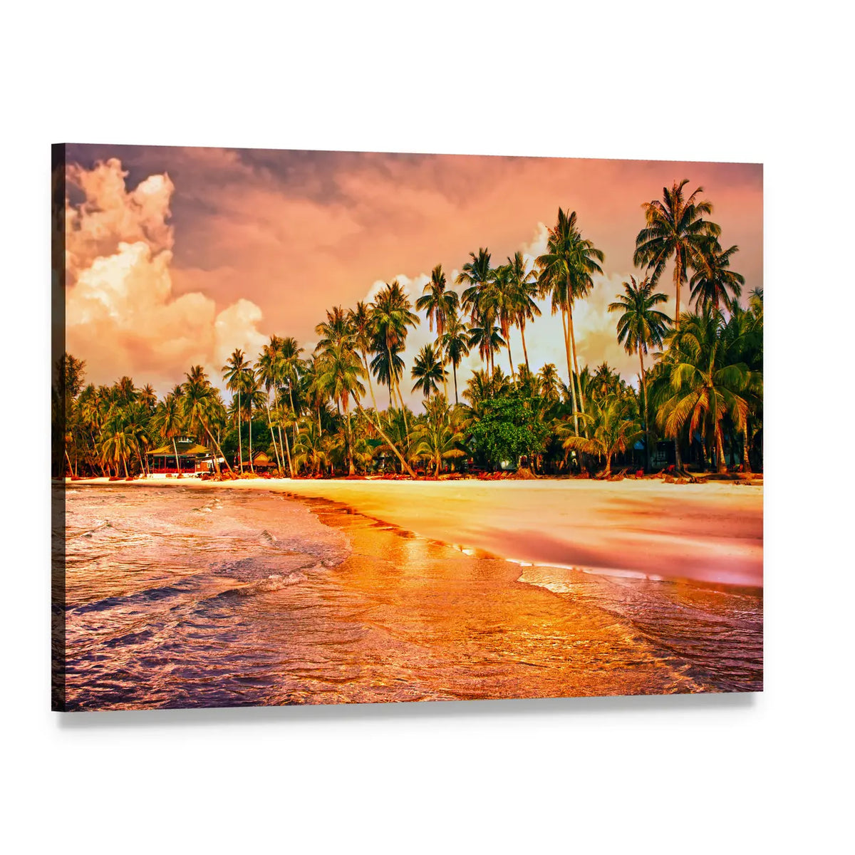 Tropical Beach with Palms at Sunset Canvas Wall Art, single panel gallery wrapped canvas, angled product view