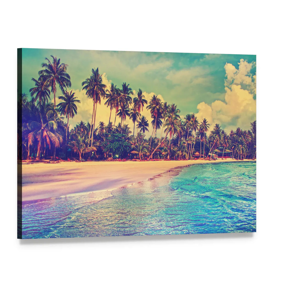 Tropical Beach with Leaning Palms Canvas Wall Art, single panel gallery wrapped canvas, angled product view