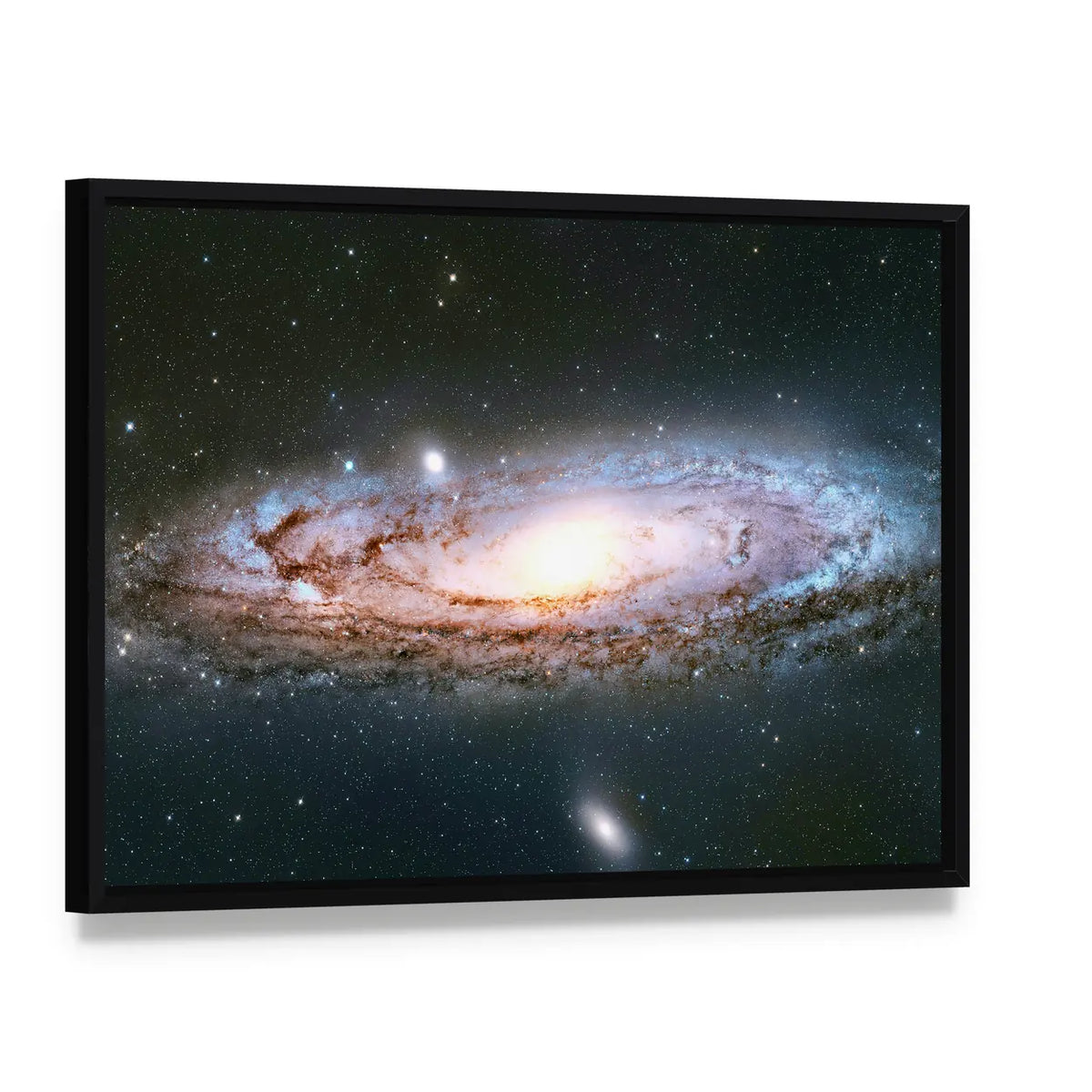 Andromeda Galaxy Canvas Wall Art, framed canvas in a black floater frame, angled product view