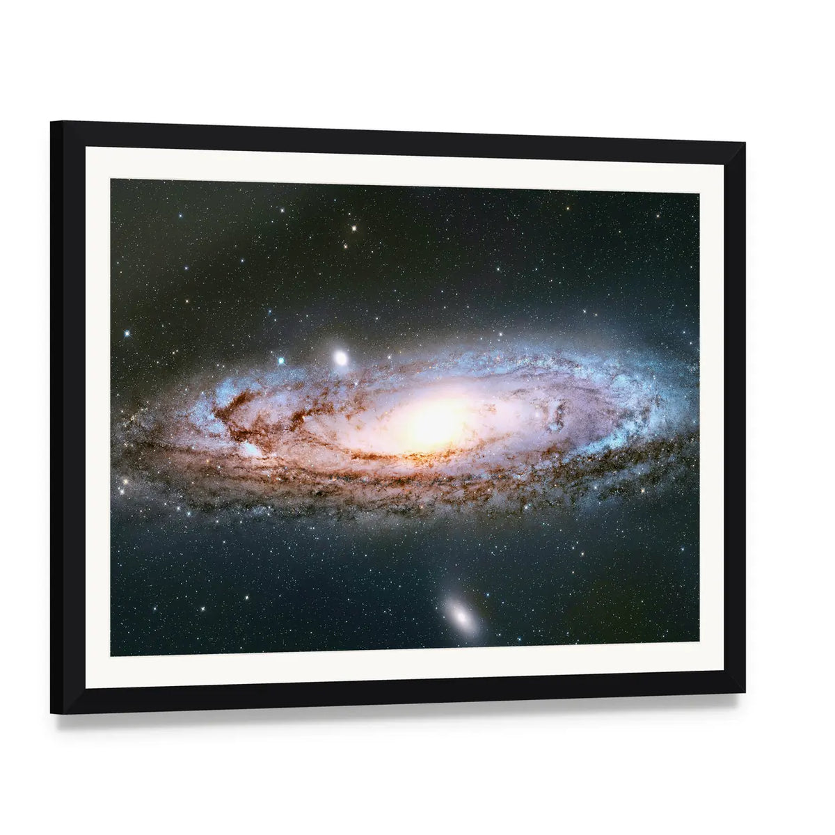 Andromeda Galaxy Canvas Wall Art, framed print with white mat and black frame, angled product view