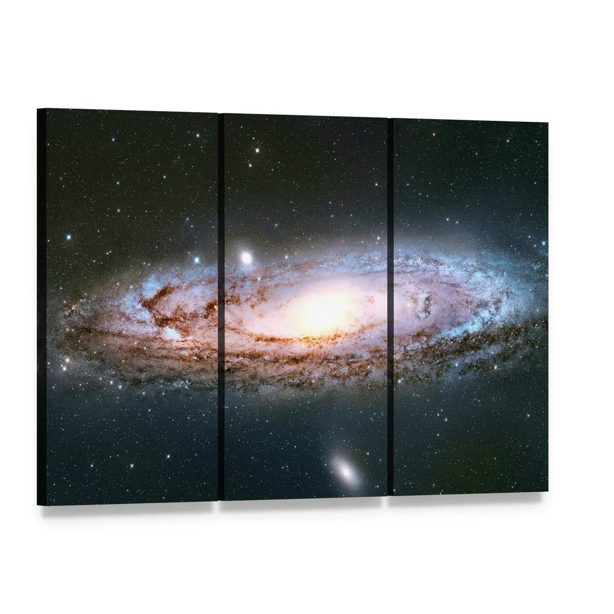 Andromeda Galaxy Canvas Wall Art, 3 panel 3 Horizontal layout gallery wrapped canvas set, angled product view