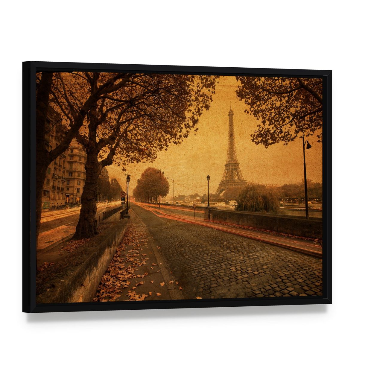 Paris at Dusk with Eiffel Tower Canvas Wall Art, framed canvas in a black floater frame, angled product view