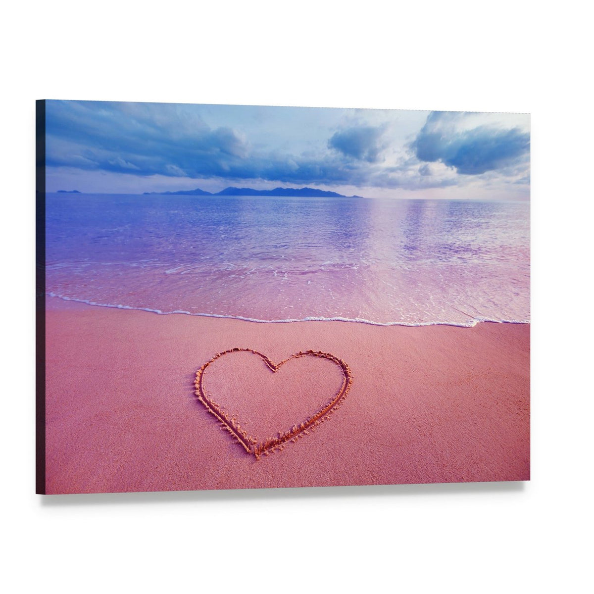 Pink Heart on Sand Canvas Wall Art, single panel gallery wrapped canvas, angled product view