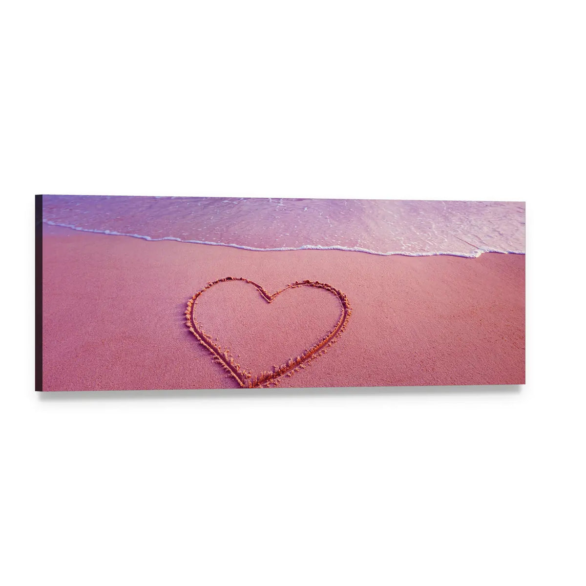 Pink Heart on Sand Panoramic Canvas Wall Art, single panel gallery wrapped canvas, angled product view