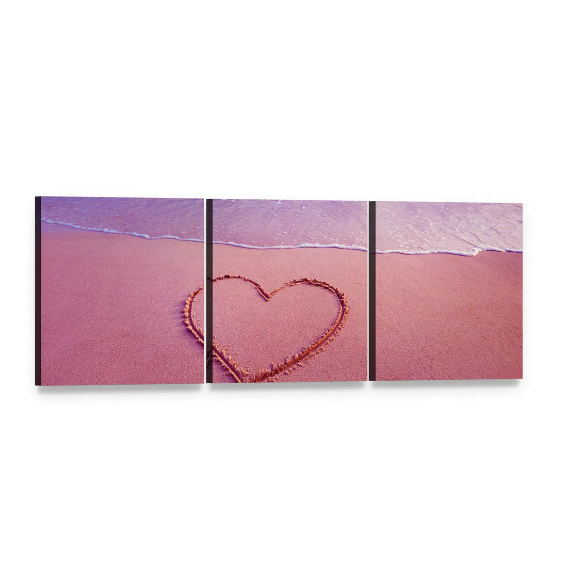 Pink Heart on Sand Panoramic Canvas Wall Art, 3 panel 3 Piece layout gallery wrapped canvas set, angled product view