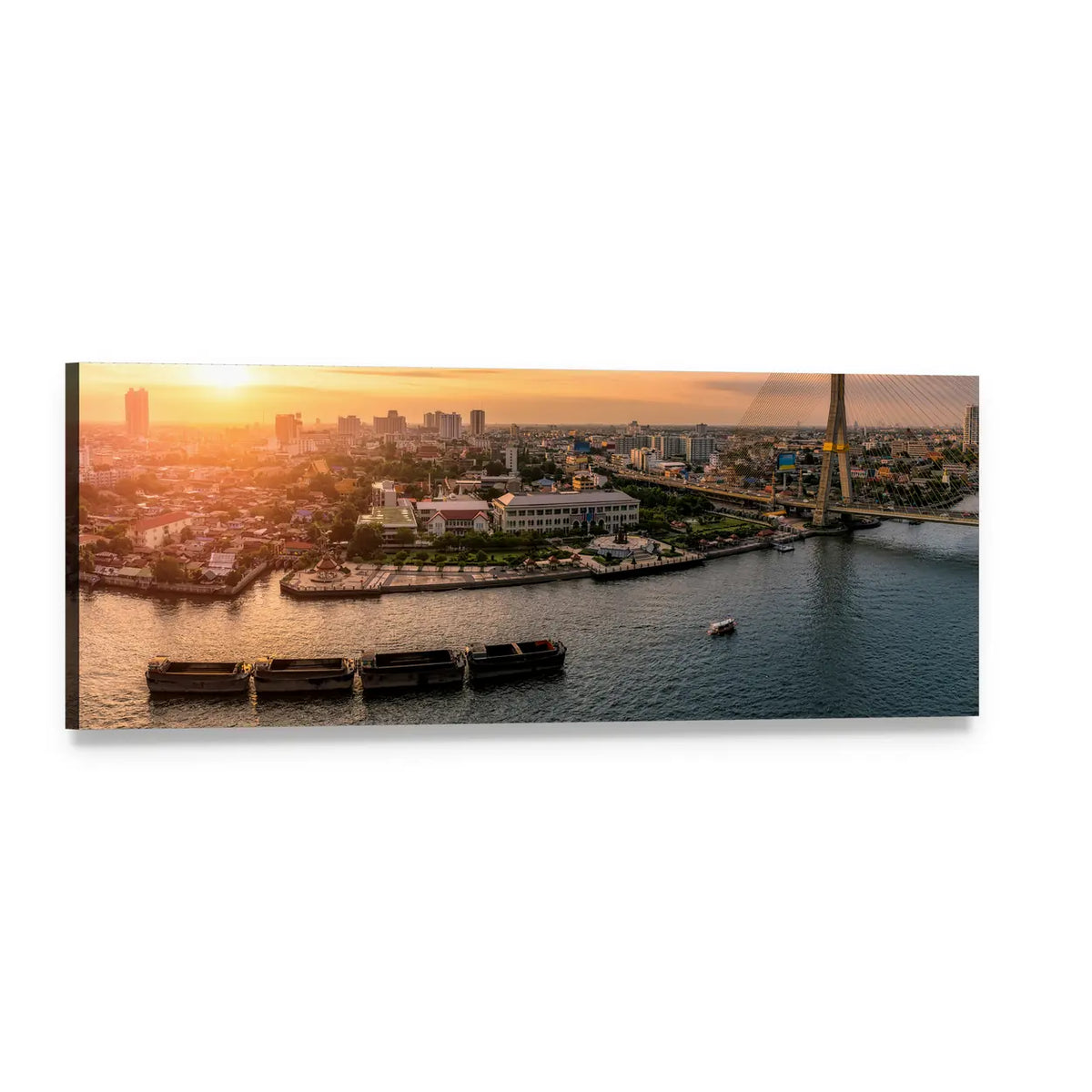 Golden Hour Riverfront with Cable-stayed Bridge Panoramic Canvas Wall Art, single panel gallery wrapped canvas, angled product view
