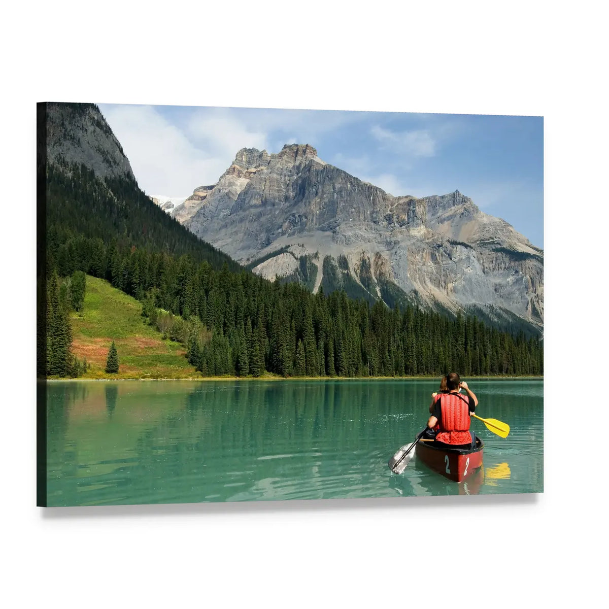 Canoe on Emerald Lake Canvas Wall Art, single panel gallery wrapped canvas, angled product view