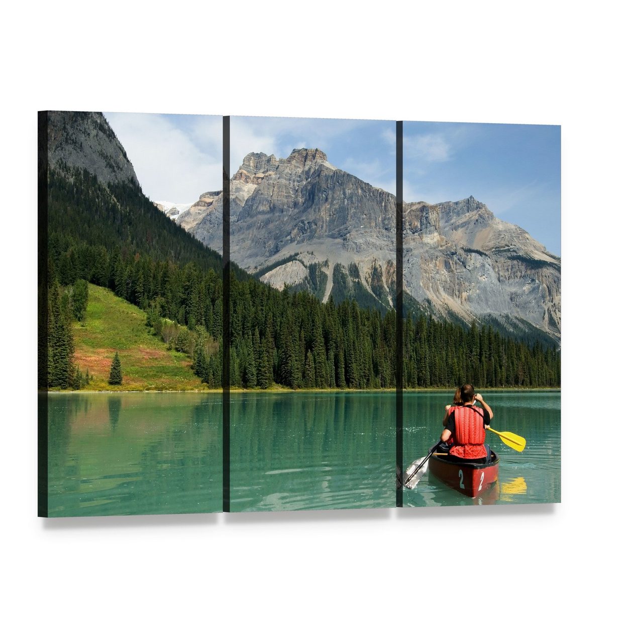 Canoe on Emerald Lake Canvas Wall Art, 3 panel 3 Horizontal layout gallery wrapped canvas set, angled product view