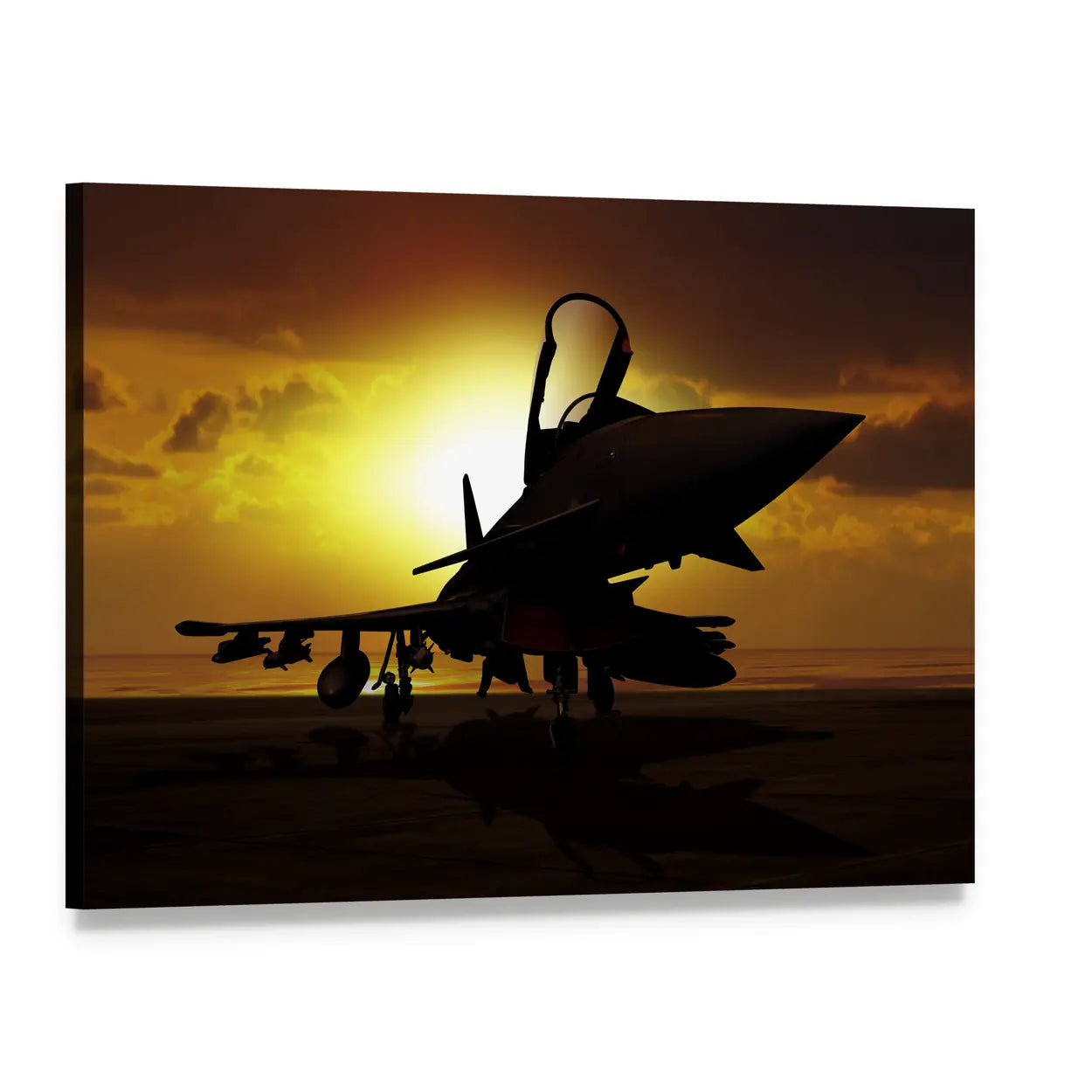 Fighter Jet at Sunset Canvas Wall Art, single panel gallery wrapped canvas, angled product view