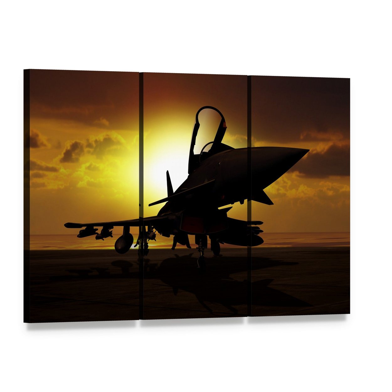 Fighter Jet Silhouette at Sunset Canvas Wall Art, 3 panel 3 Horizontal layout gallery wrapped canvas set, angled product view