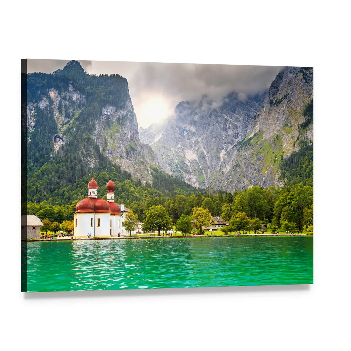 Lake Konigssee with Red Onion-domed Church Canvas Wall Art, single panel gallery wrapped canvas, angled product view