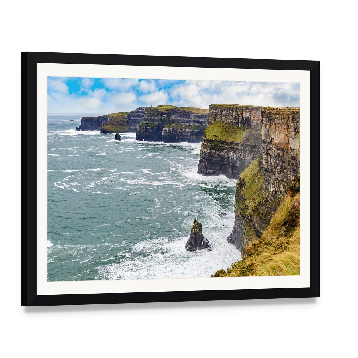 Cliffs of Moher Stormy Coastline Canvas Wall Art, framed print with white mat and black frame, angled product view