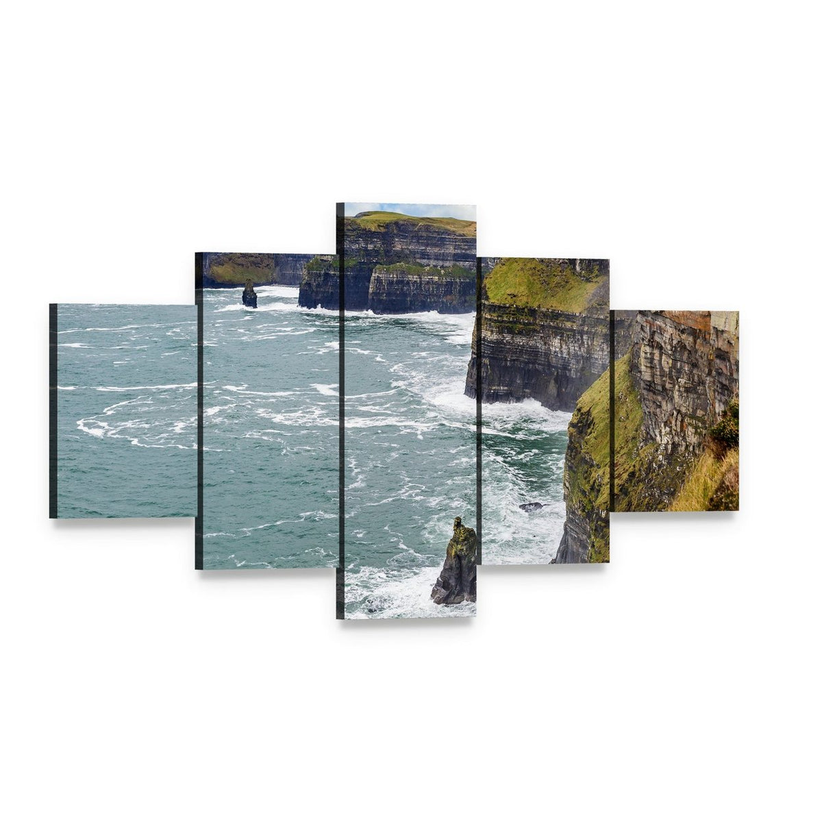 Cliffs of Moher Stormy Coastline Canvas Wall Art, 5 panel 5 Star layout gallery wrapped canvas set, angled product view