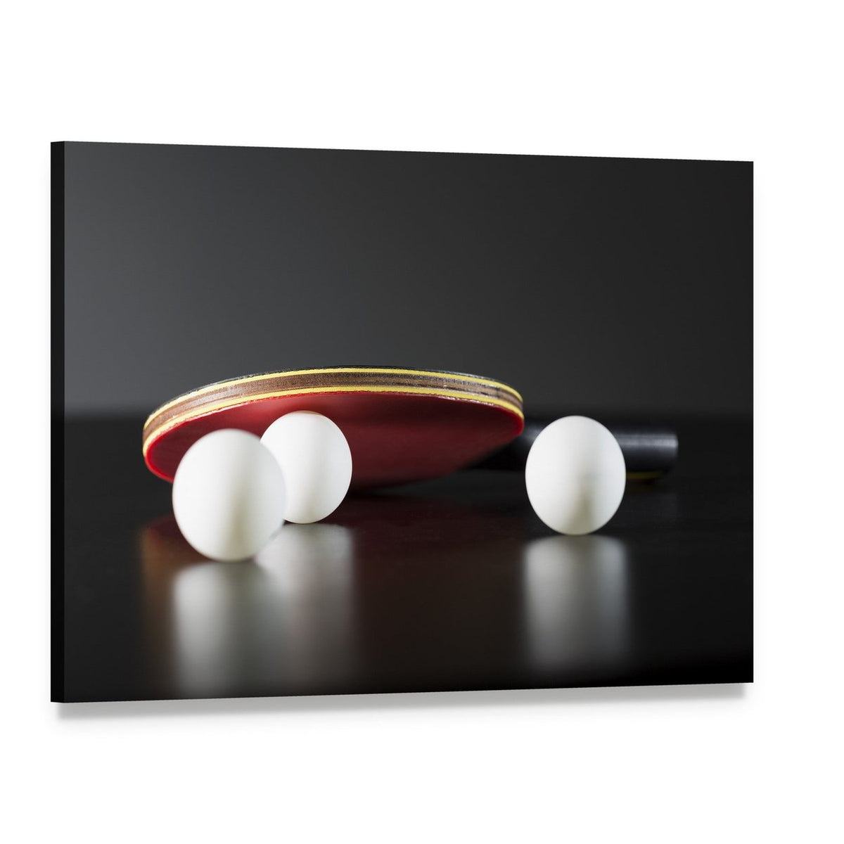 Table Tennis Racket and Balls Canvas Wall Art, single panel gallery wrapped canvas, angled product view