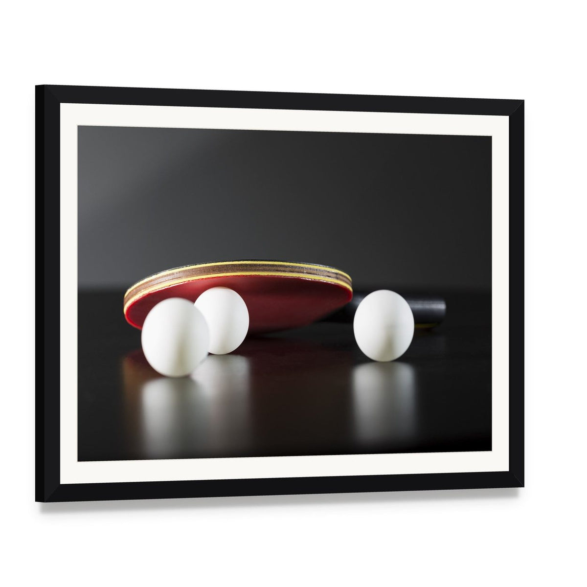 Table Tennis Racket and Balls Canvas Wall Art, framed print with white mat and black frame, angled product view