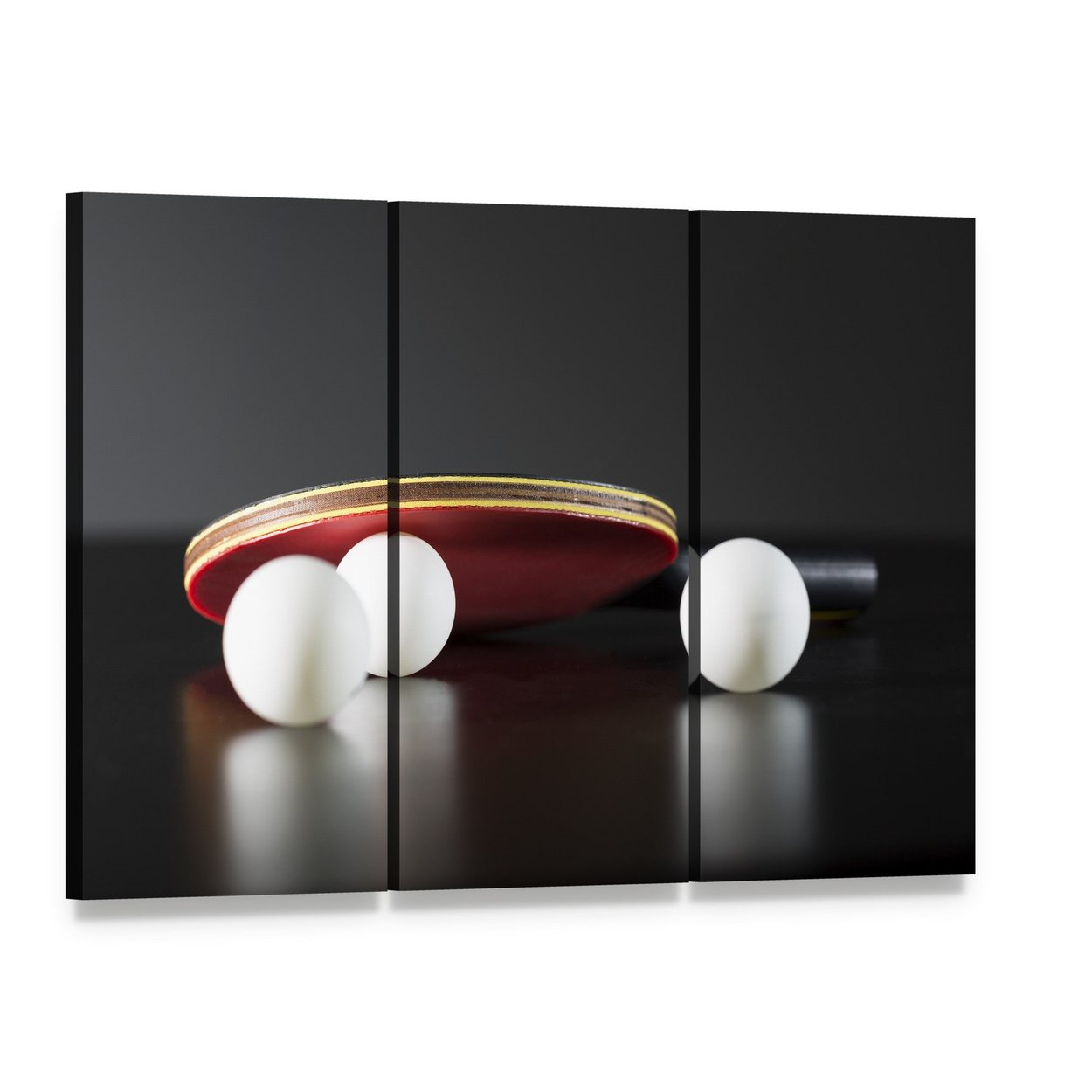 Table Tennis Racket and Balls Canvas Wall Art, 3 panel 3 Horizontal layout gallery wrapped canvas set, angled product view