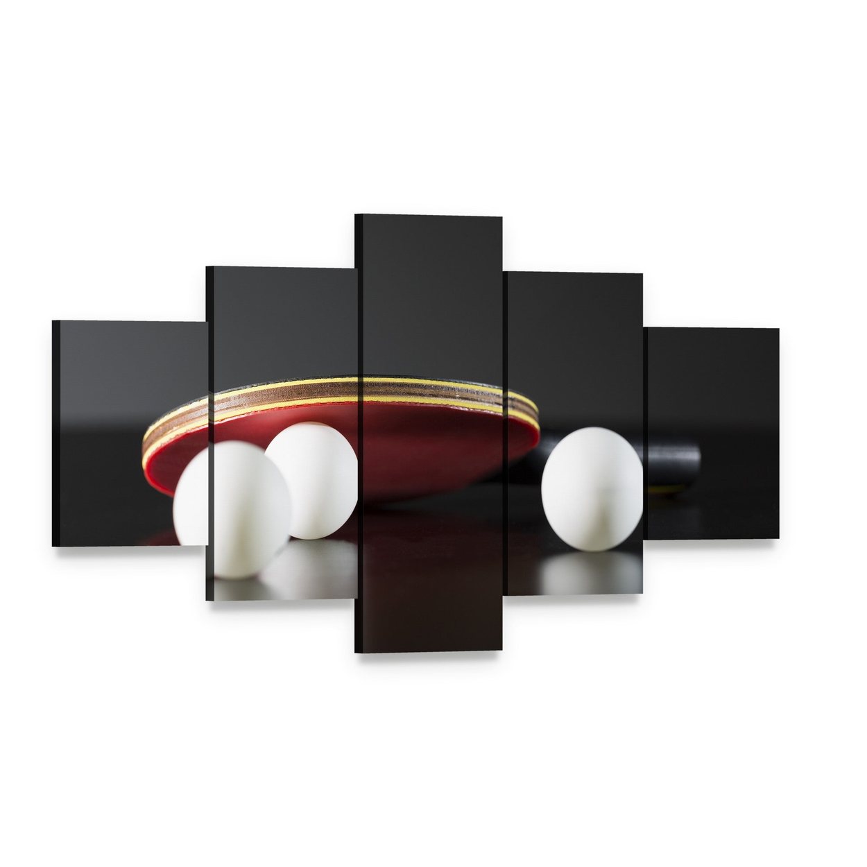 Table Tennis Racket and Balls Canvas Wall Art, 5 panel 5 Star layout gallery wrapped canvas set, angled product view