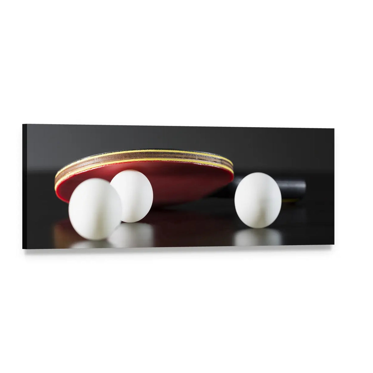 Table Tennis Paddle and Balls Panoramic Canvas Wall Art, single panel gallery wrapped canvas, angled product view
