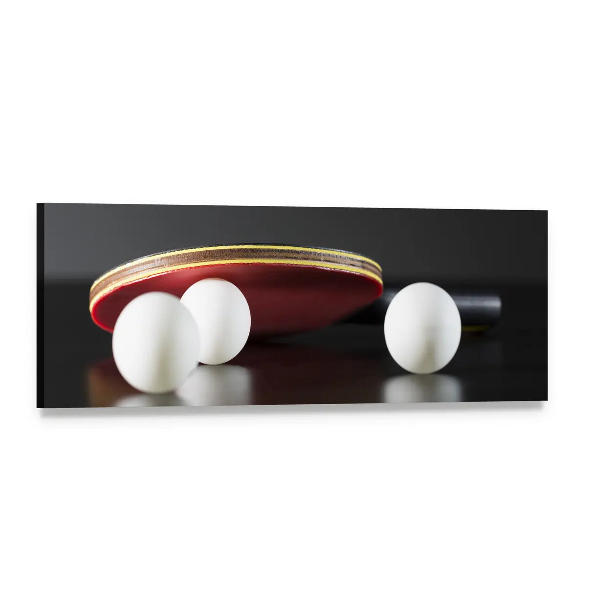 Table Tennis Paddle and Balls Panoramic Canvas Wall Art, single panel gallery wrapped canvas, angled product view