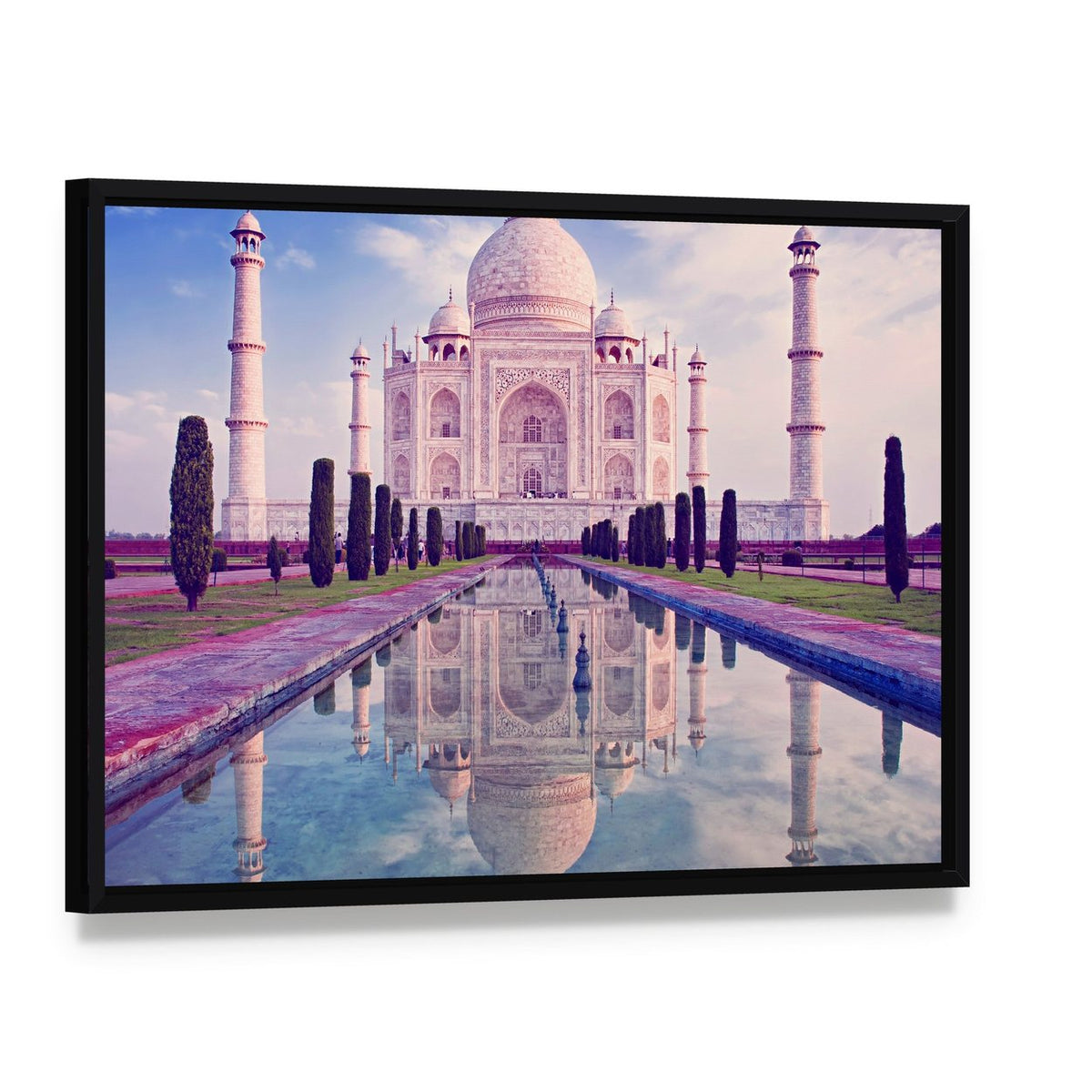 Taj Mahal Reflection in Agra Canvas Wall Art, framed canvas in a black floater frame, angled product view