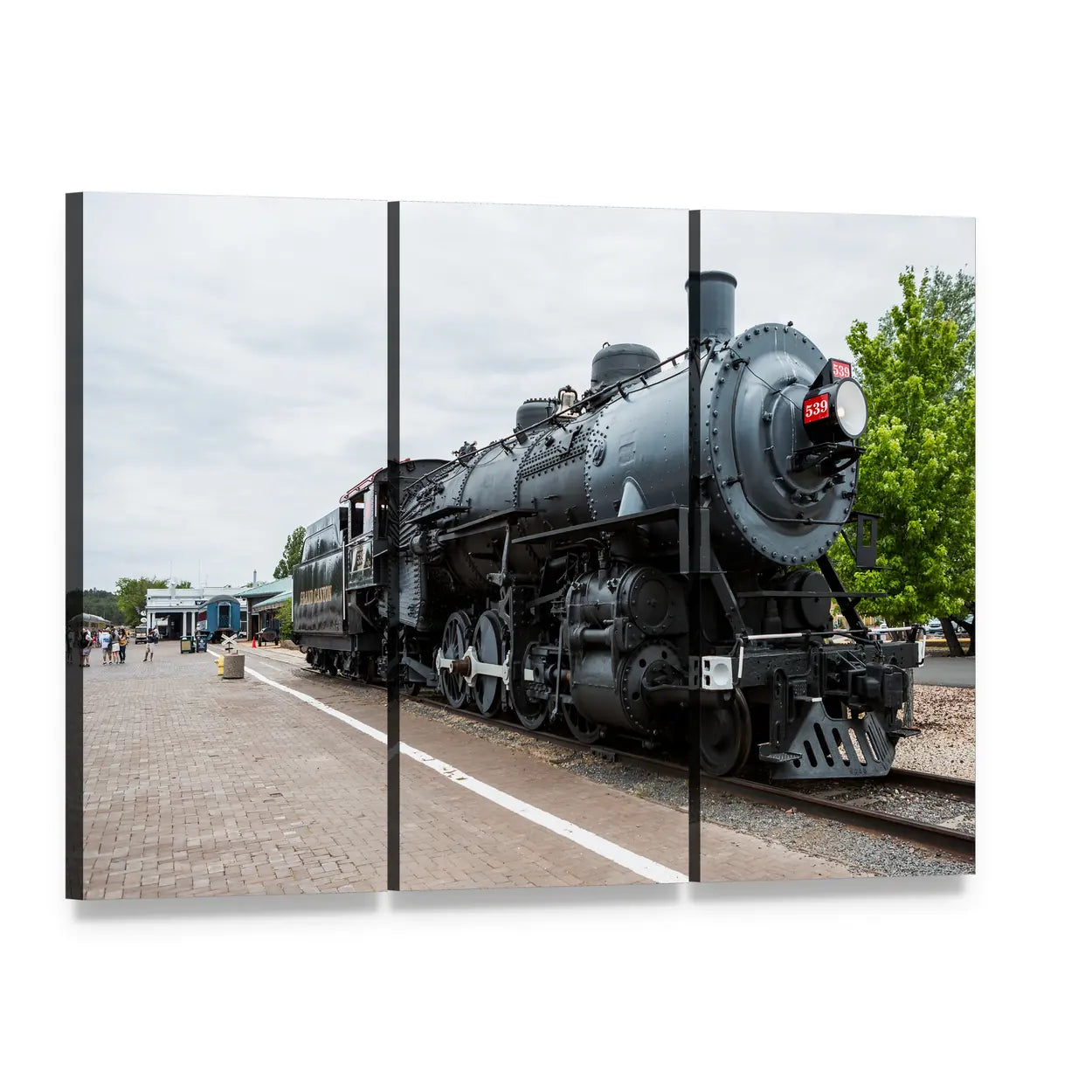 Vintage Steam Locomotive on Brick Platform Canvas Wall Art, 3 panel 3 Horizontal layout gallery wrapped canvas set, angled product view