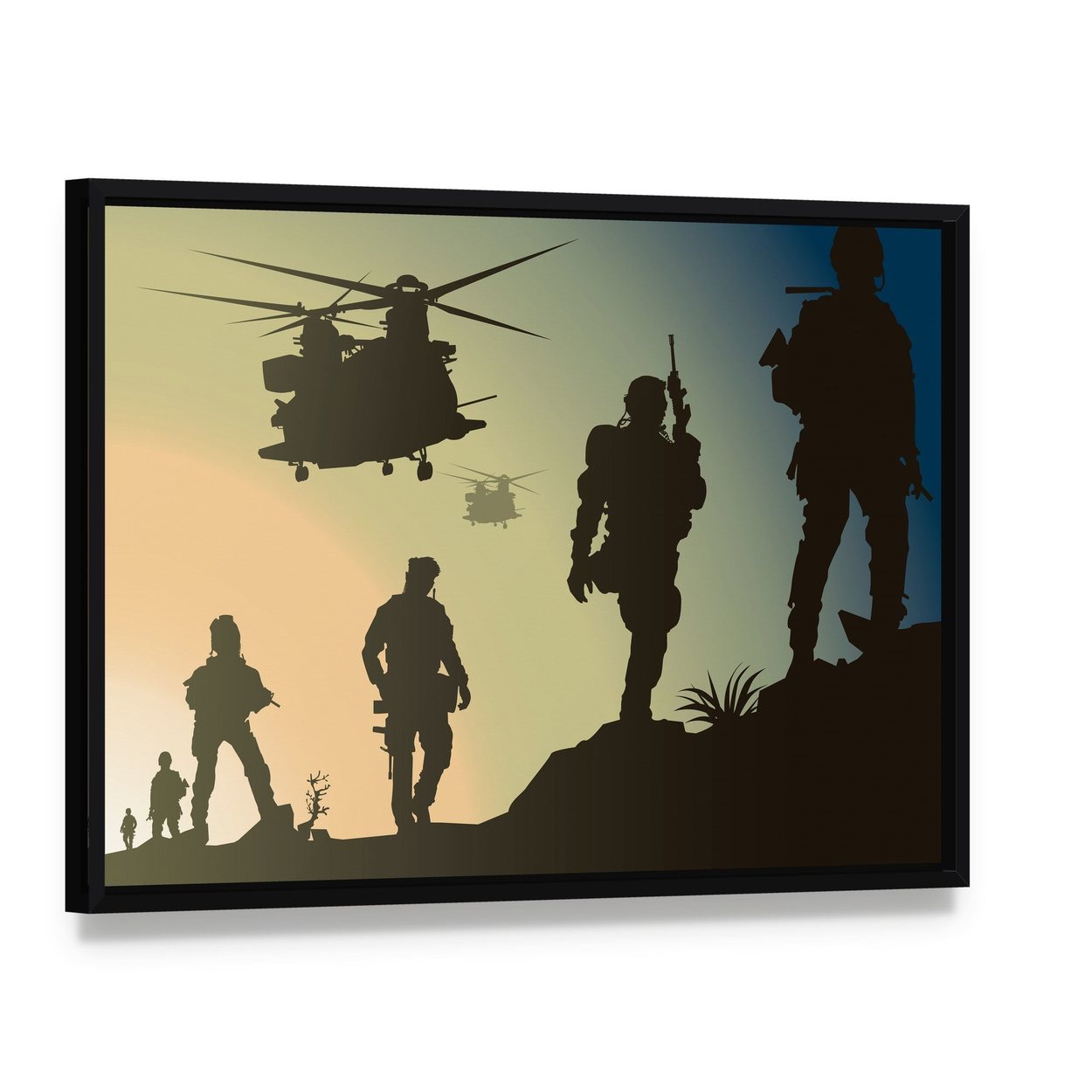Army Soldiers with Three Helicopters at Dusk Canvas Wall Art, framed canvas in a black floater frame, angled product view