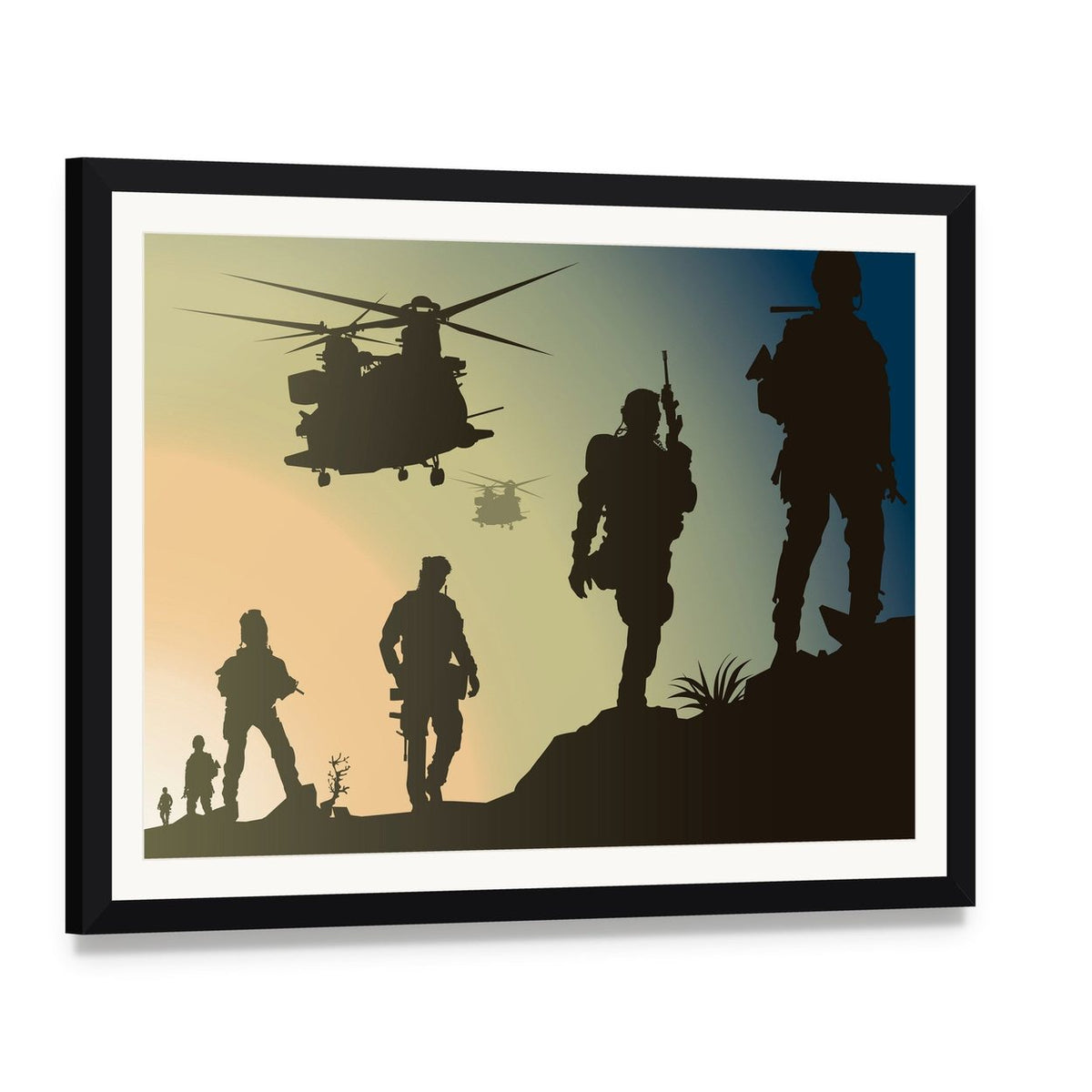 Army Soldiers with Three Helicopters at Dusk Canvas Wall Art, framed print with white mat and black frame, angled product view
