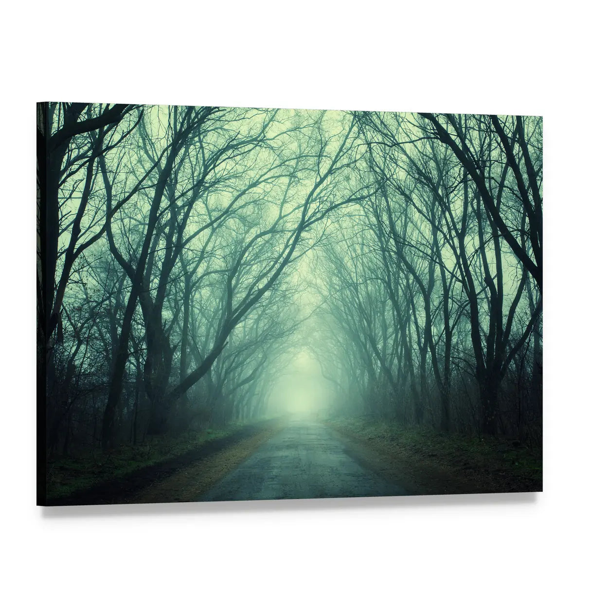 Mysterious Path In Dark Autumn Forest Canvas Wall Art, single panel gallery wrapped canvas, angled product view