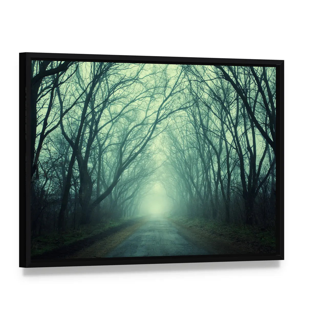 Mysterious Path In Dark Autumn Forest Canvas Wall Art, framed canvas in a black floater frame, angled product view