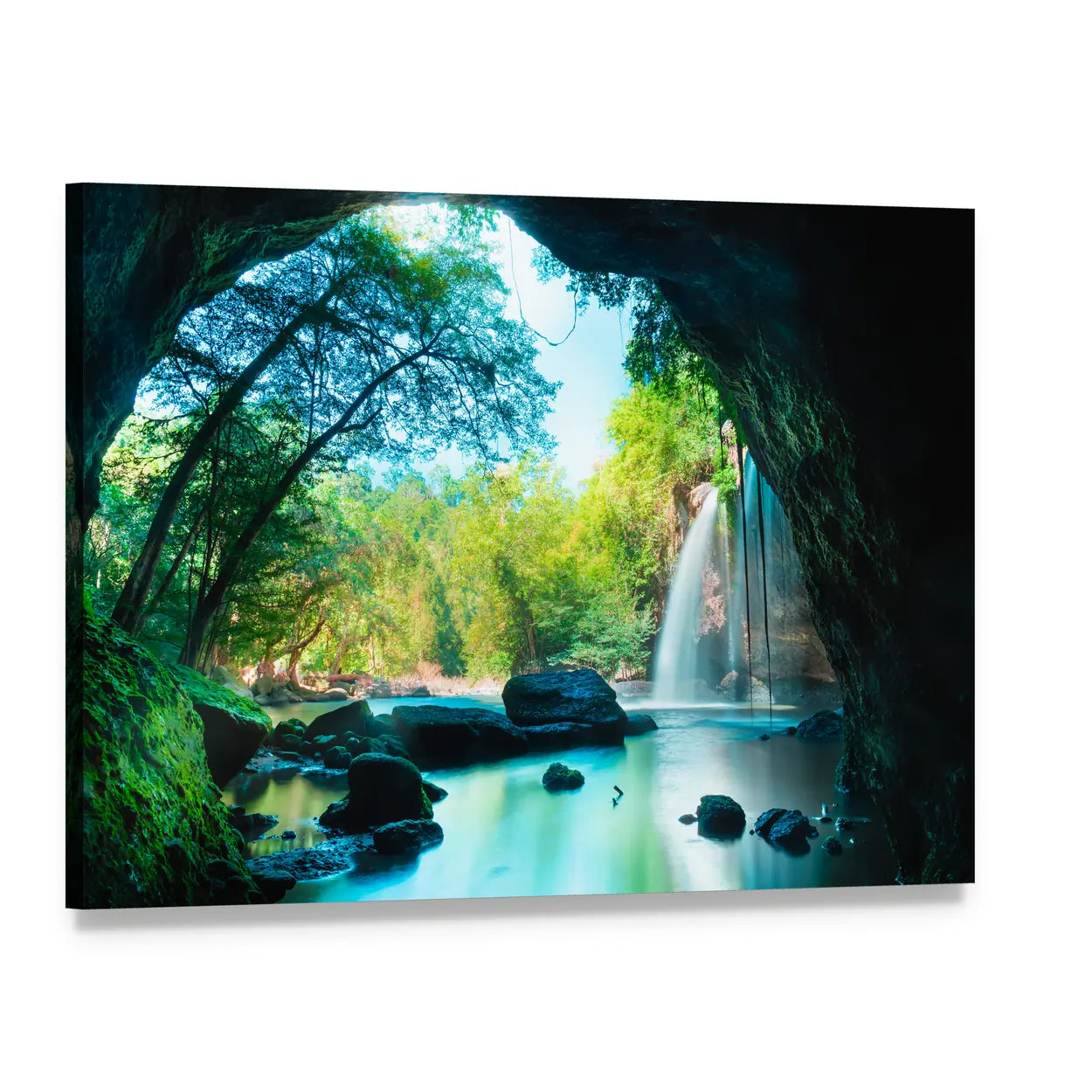 Cave-framed Waterfall Over Turquoise Lagoon Canvas Wall Art, single panel gallery wrapped canvas, angled product view