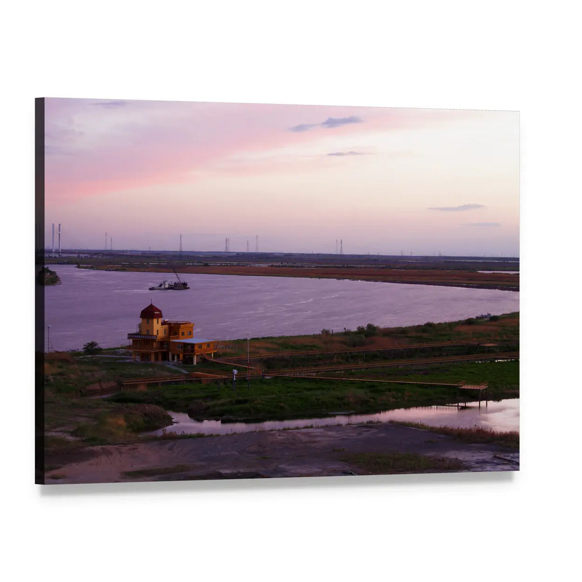 Sunset Over River Shipyard Canvas Wall Art, single panel gallery wrapped canvas, angled product view