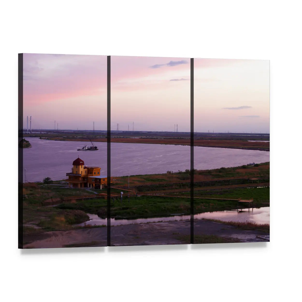Sunset Over River Shipyard Canvas Wall Art, 3 panel 3 Horizontal layout gallery wrapped canvas set, angled product view