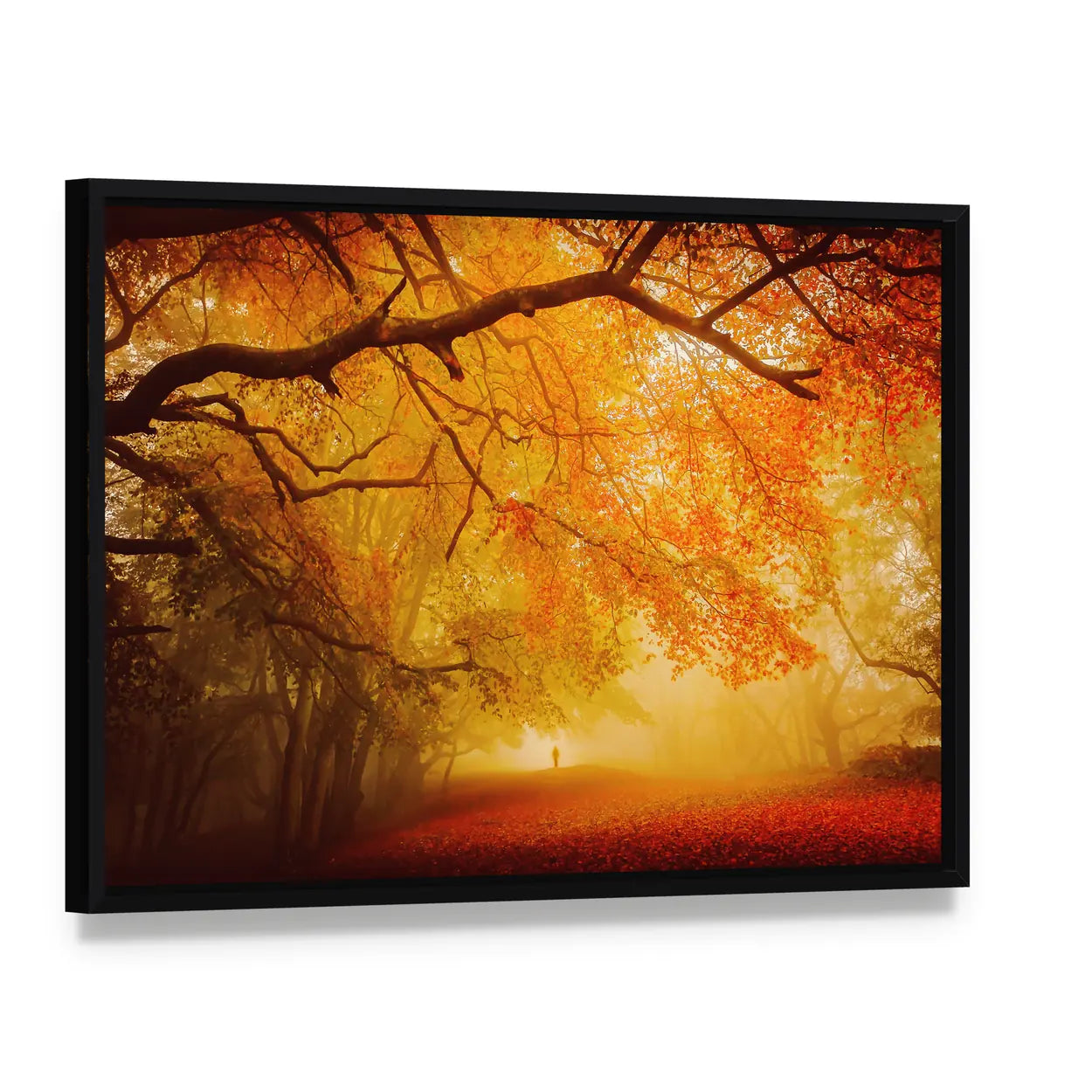 Seasonal Forest Fall Walk Canvas Wall Art, framed canvas in a black floater frame, angled product view