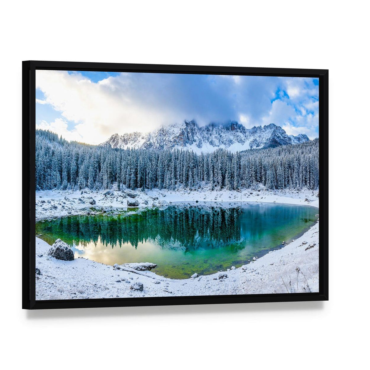 Karer Lake in Winter Canvas Wall Art, framed canvas in a black floater frame, angled product view