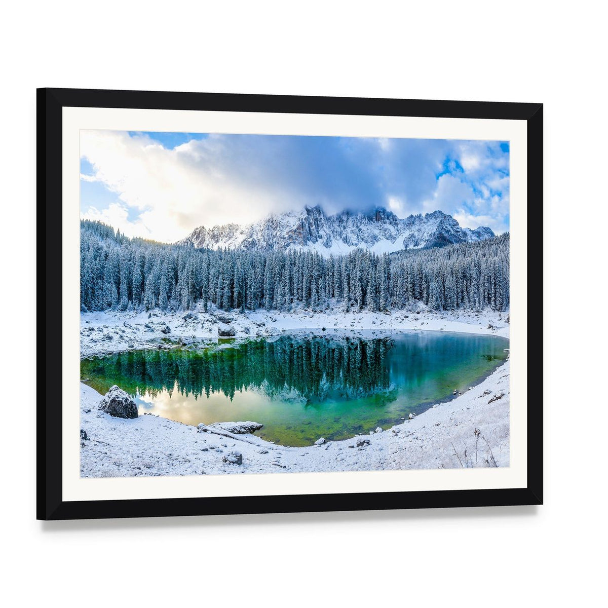 Karer Lake in Winter Canvas Wall Art, framed print with white mat and black frame, angled product view