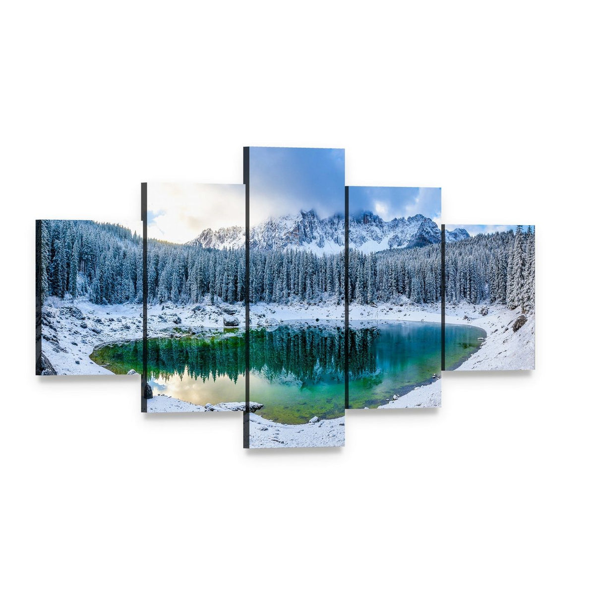 Karer Lake in Winter Canvas Wall Art, 5 panel 5 Star layout gallery wrapped canvas set, angled product view