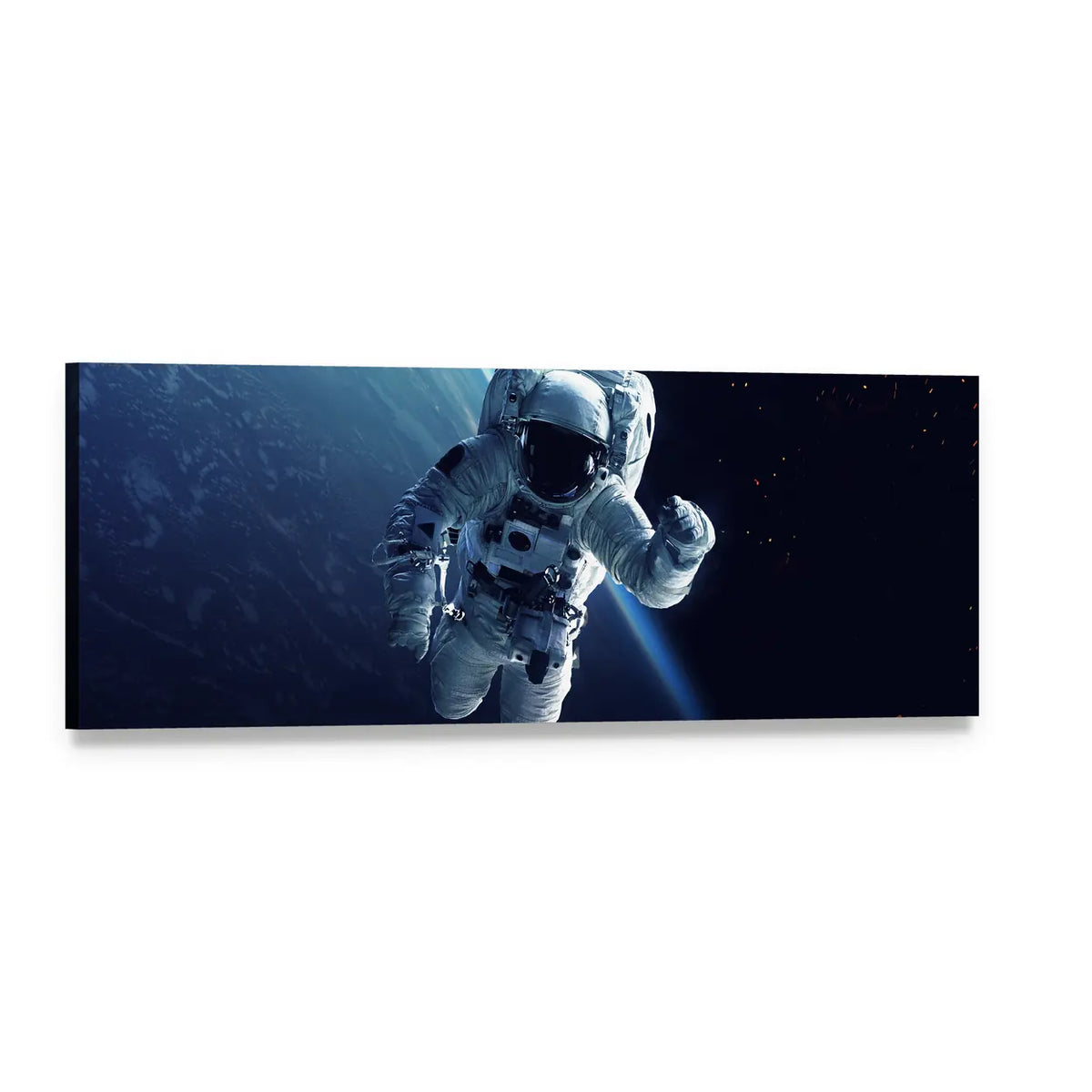 Astronaut Above Earth's Curve Panoramic Canvas Wall Art, single panel gallery wrapped canvas, angled product view