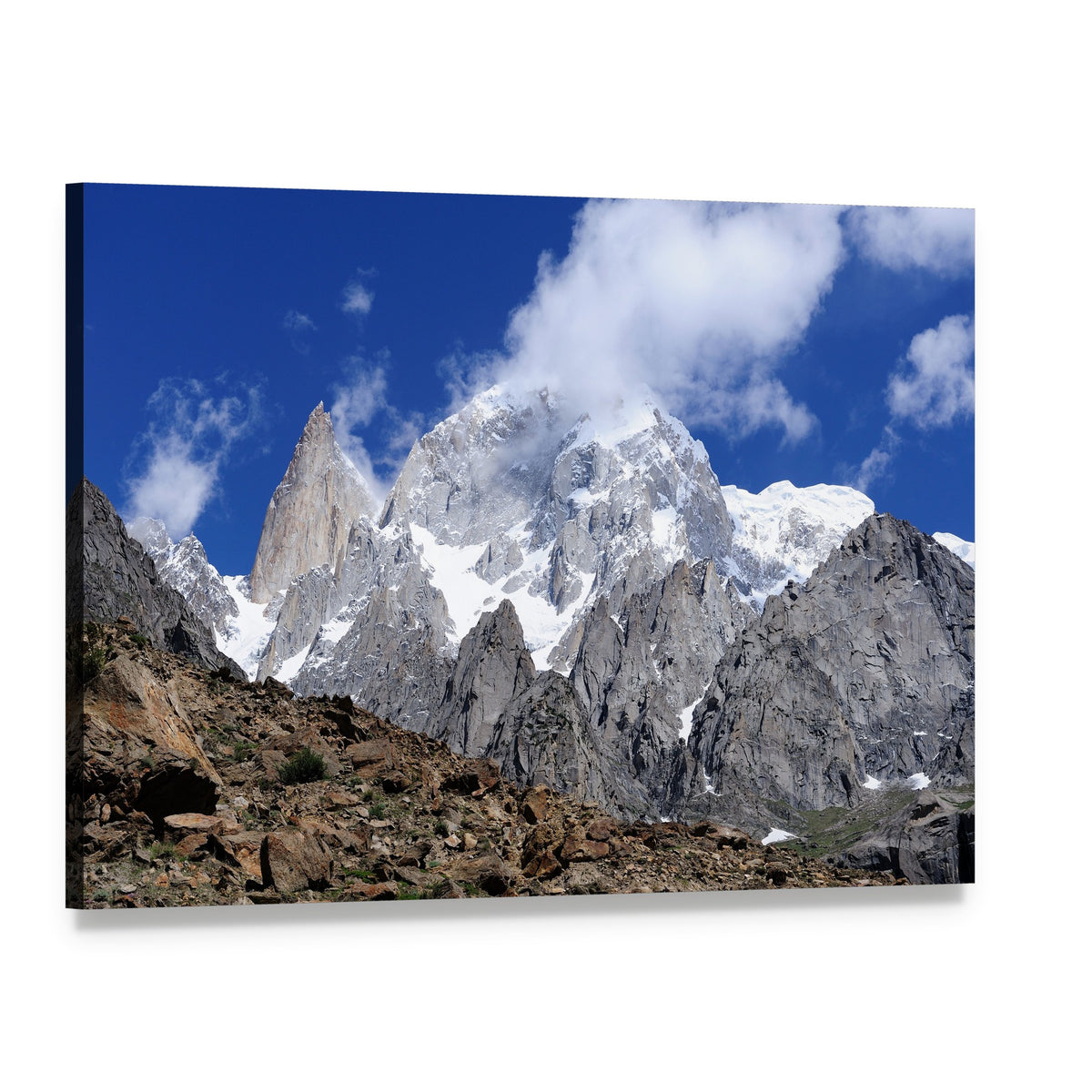 Majestic Hunza Peak in Clear Sky Canvas Wall Art, single panel gallery wrapped canvas, angled product view