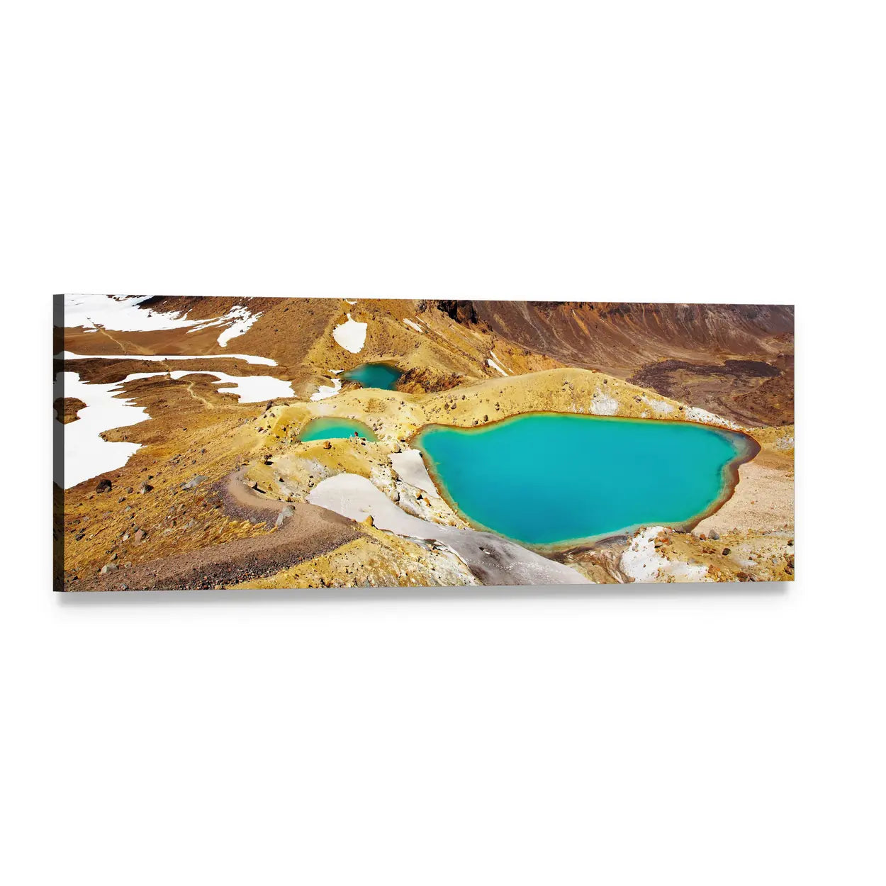 Tongariro Turquoise Lakes and Volcanic Ridge Panoramic Canvas Wall Art, single panel gallery wrapped canvas, angled product view