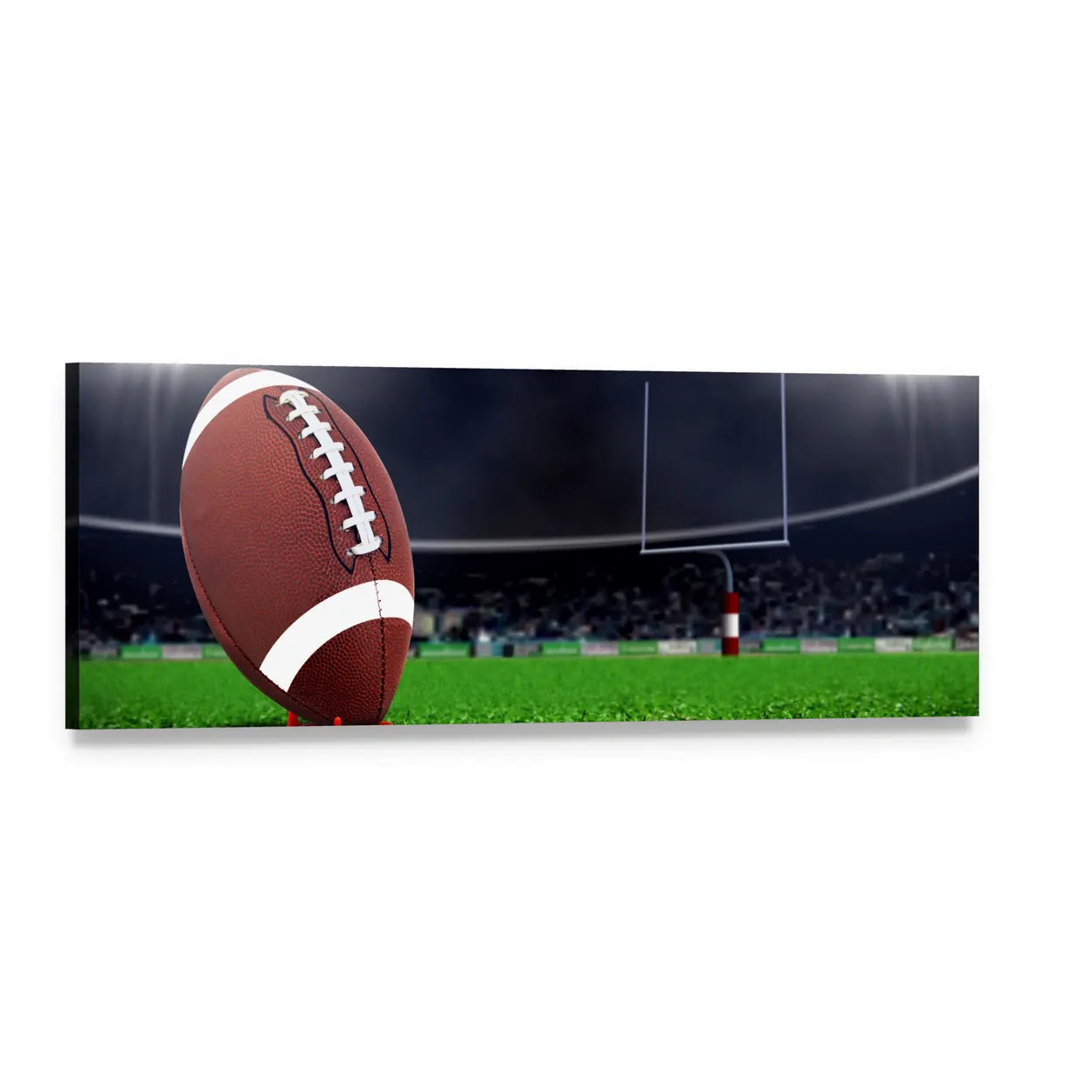Football on Green Field Panoramic Canvas Wall Art, single panel gallery wrapped canvas, angled product view