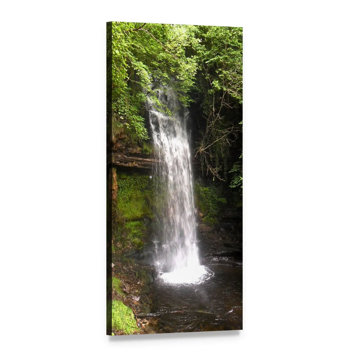 Lush Green Forest Waterfall Vertical Canvas Wall Art, 1 panel 1 Vertical layout gallery wrapped canvas set, angled product view