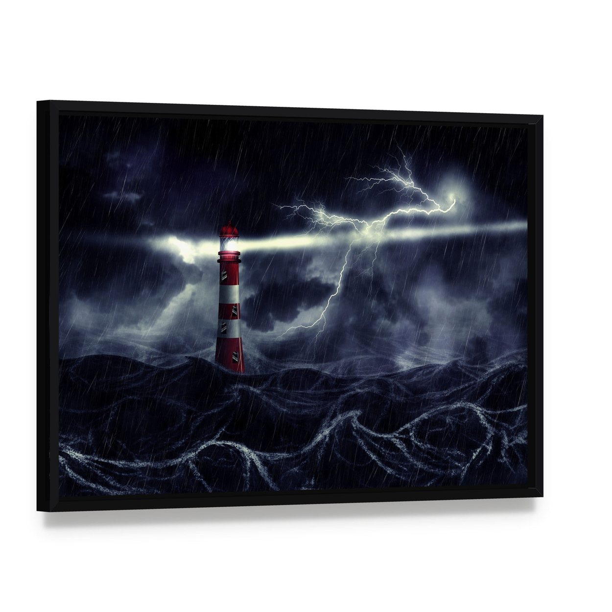Lighthouse Amid Stormy Sea Canvas Wall Art, framed canvas in a black floater frame, angled product view