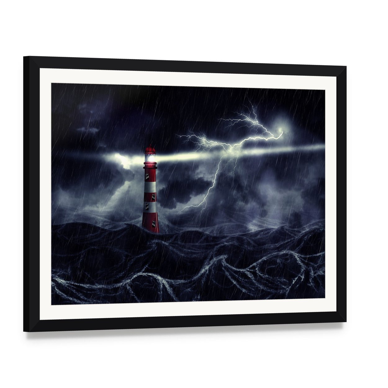 Lighthouse Amid Stormy Sea Canvas Wall Art, framed print with white mat and black frame, angled product view