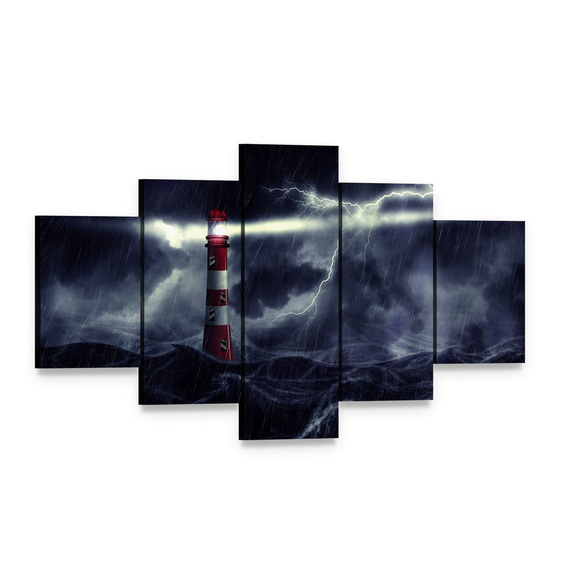 Lighthouse Amid Stormy Sea Canvas Wall Art, 5 panel 5 Star layout gallery wrapped canvas set, angled product view