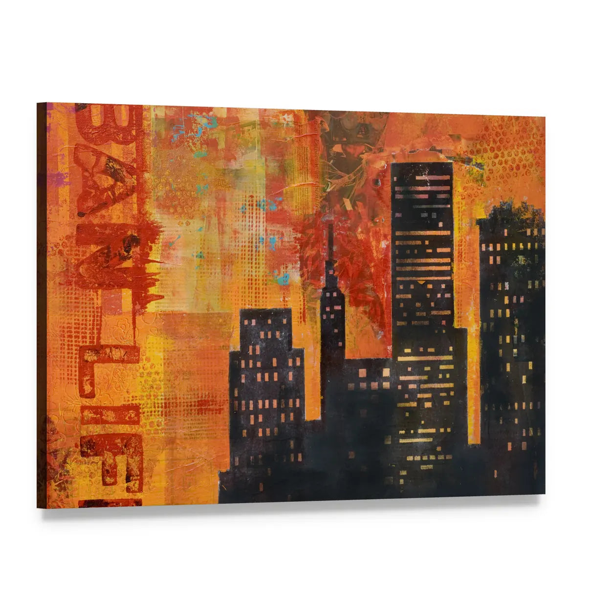Abstract Urban Skyline with Stenciled Text Canvas Wall Art, single panel gallery wrapped canvas, angled product view