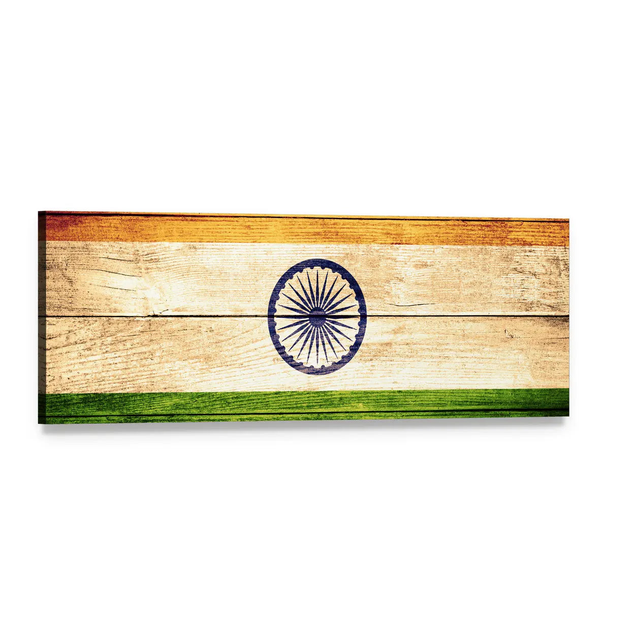 Indian Flag on Distressed Wood Panoramic Canvas Wall Art, single panel gallery wrapped canvas, angled product view