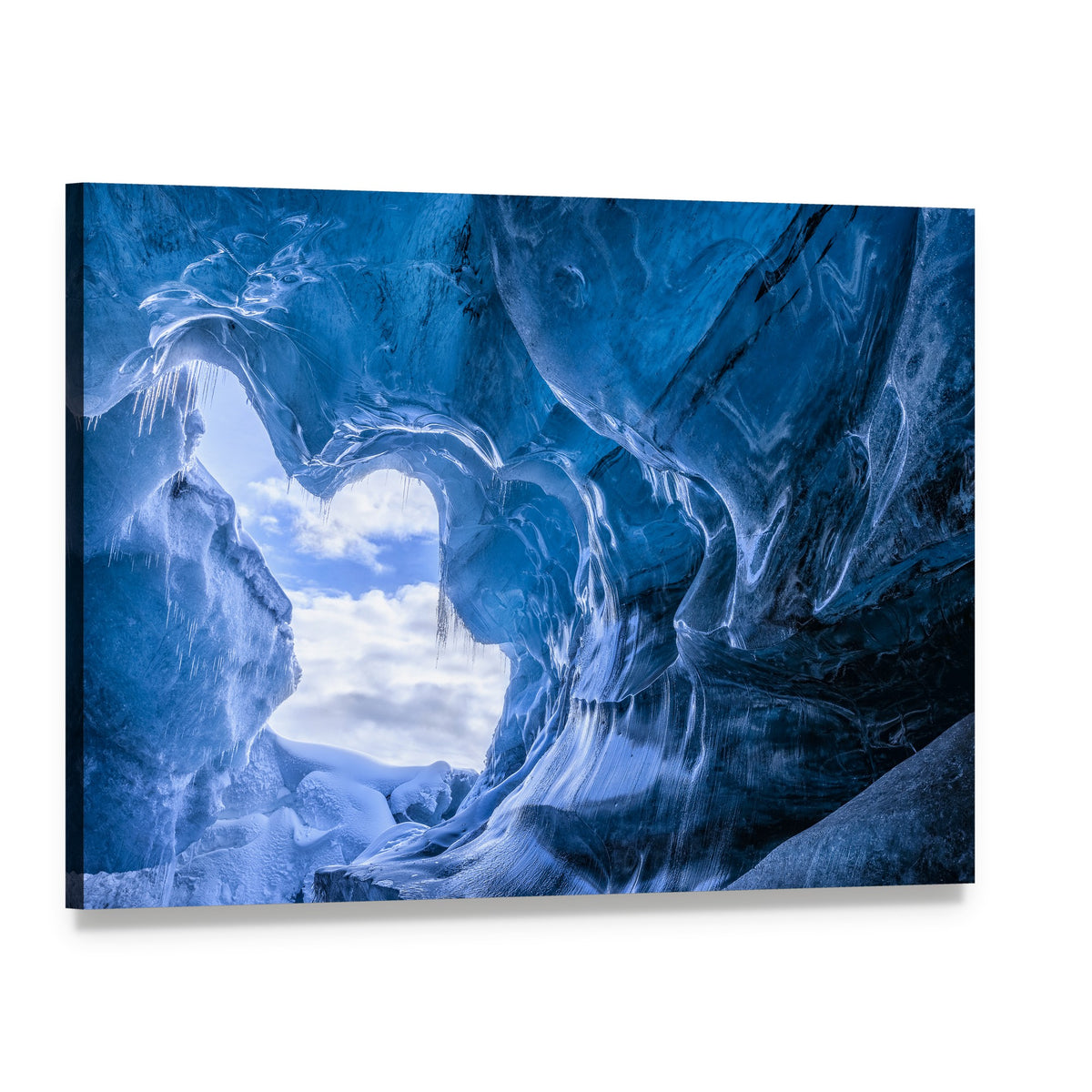 Blue Glacier Ice Cave Canvas Wall Art, single panel gallery wrapped canvas, angled product view