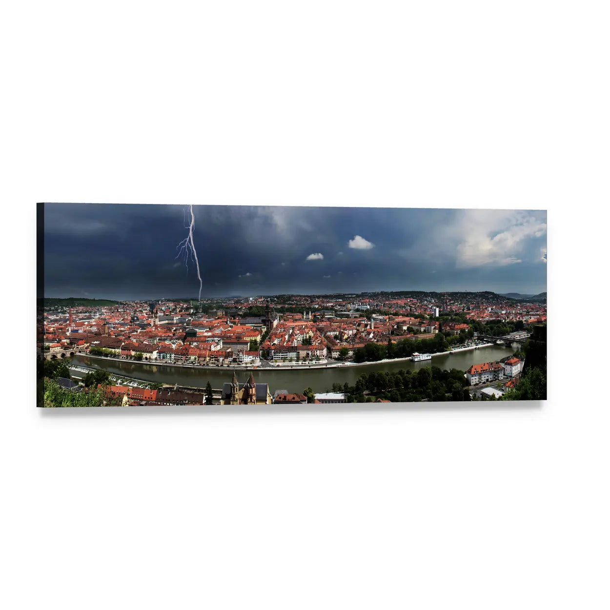 European Cityscape with Red Roofs and Lightning Panoramic Canvas Wall Art, single panel gallery wrapped canvas, angled product view