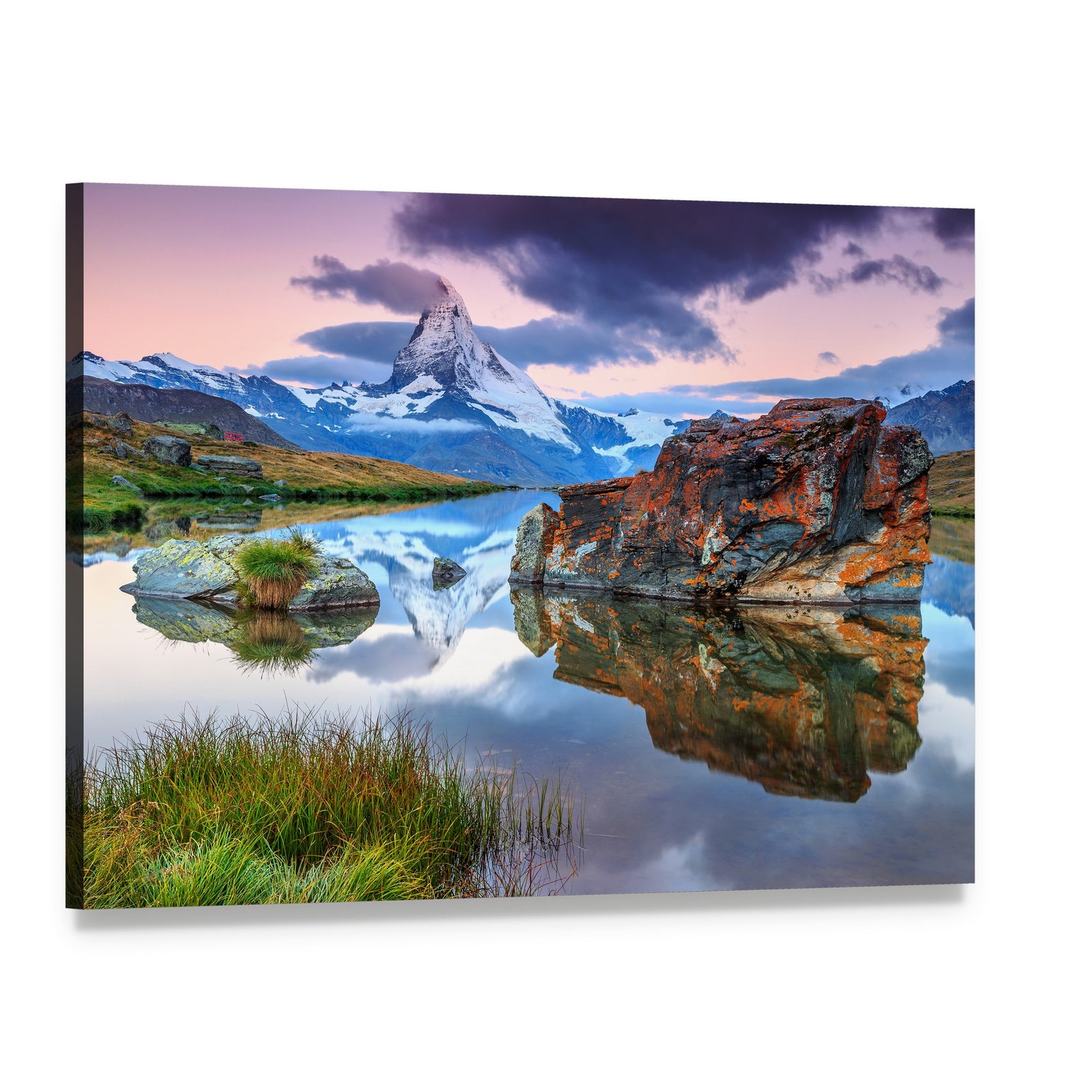 Alpine Lake and the Matterhorn Canvas Wall Art, single panel gallery wrapped canvas, angled product view