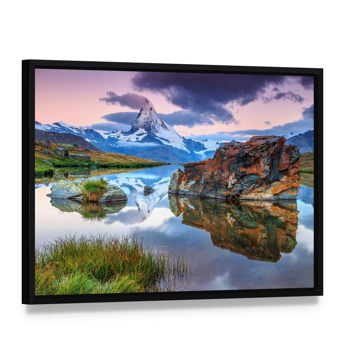 Alpine Lake and the Matterhorn Canvas Wall Art, framed canvas in a black floater frame, angled product view